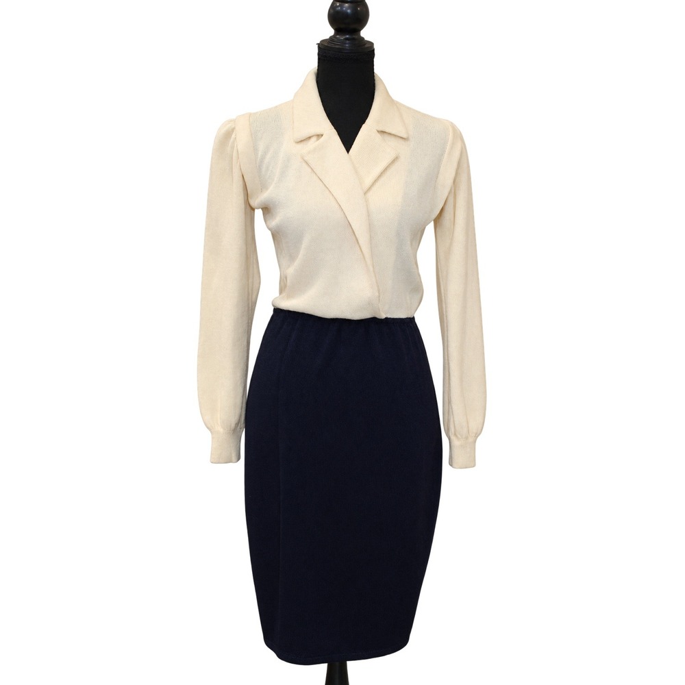 Vtg 80s St John by Marie Gray Santana Knit Faux Wrap Dress Cream Navy Small S